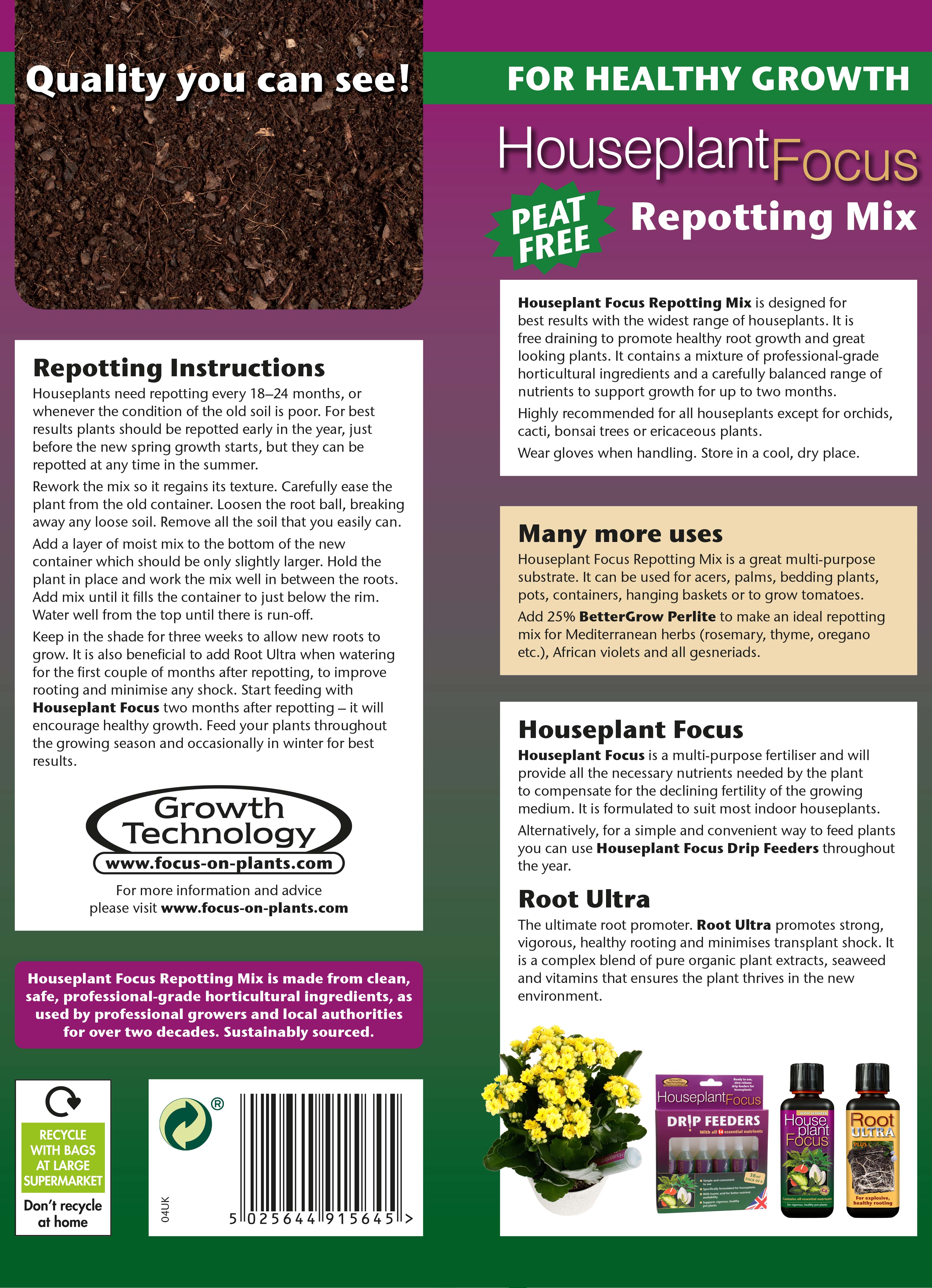 8L Houseplant Focus Repotting Mix Peat Free
