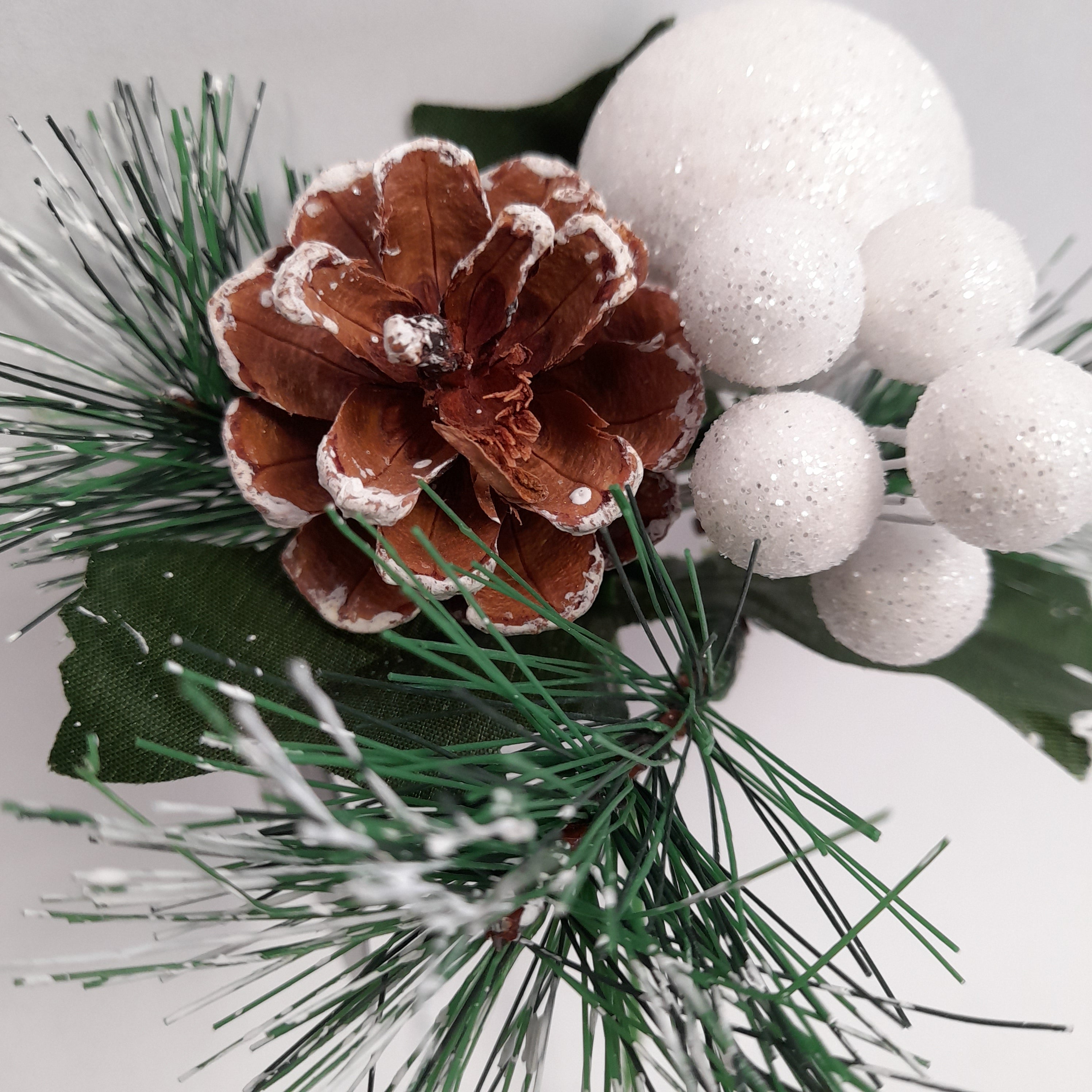 Glitter Ball & Pinecone 20cm Pick - White