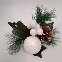 Glitter Ball & Pinecone 20cm Pick - White