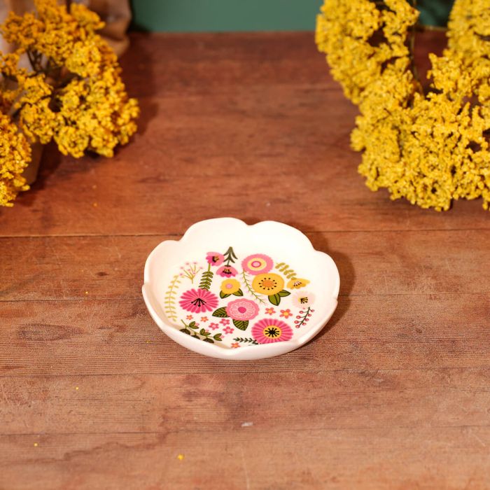 FLORAL LUXE SCALLOPED EDGE STONEWARE TRINKET DISH
