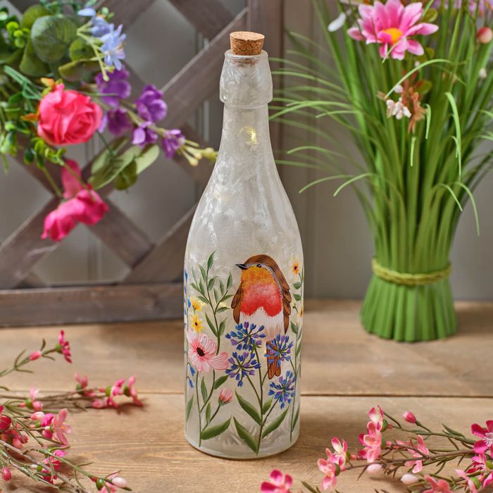 HAND PAINTED ROBIN AND FLOWERS FROSTED LED GLASS BOTTLE