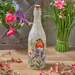 HAND PAINTED ROBIN AND FLOWERS FROSTED LED GLASS BOTTLE