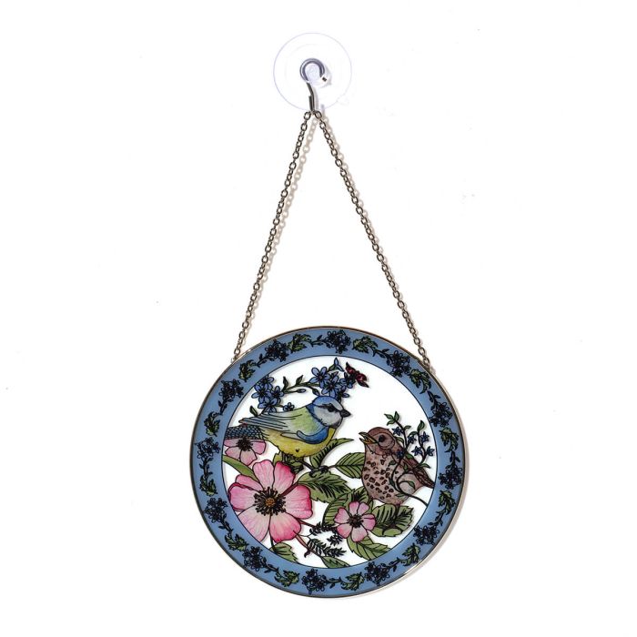 GARDEN BIRDS BLUE TIT AND THRUSH STAINED GLASS HANGER