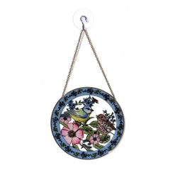 GARDEN BIRDS BLUE TIT AND THRUSH STAINED GLASS HANGER