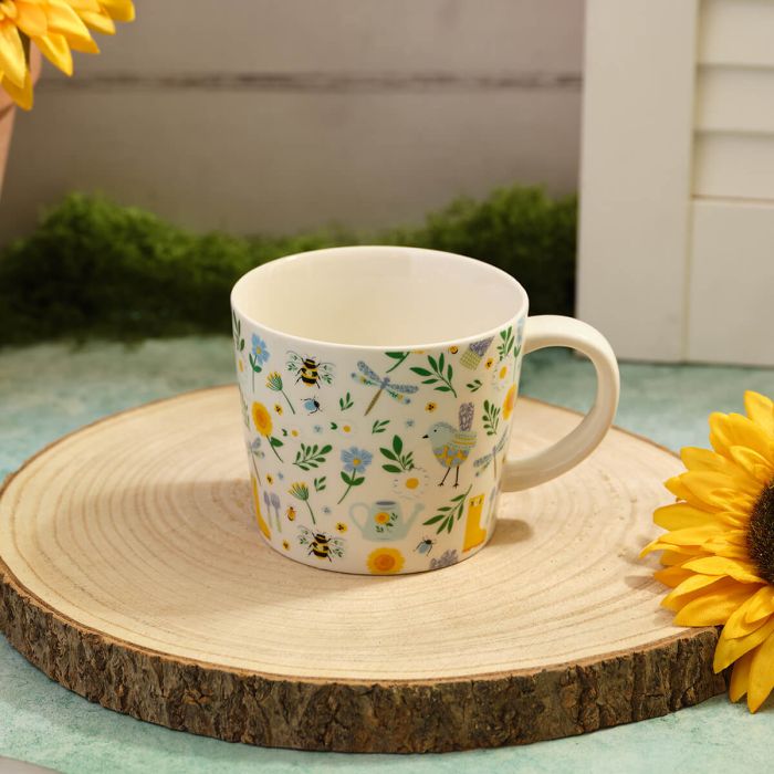 ALL OVER BEE FLOWER AND BIRD PATTERN STONEWARE MUG