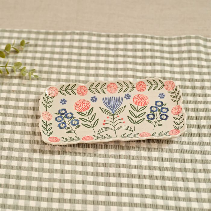 FLOURISH AND FOLIAGE STONEWARE EMBOSSED TRAY WITH SHAPED EDGING