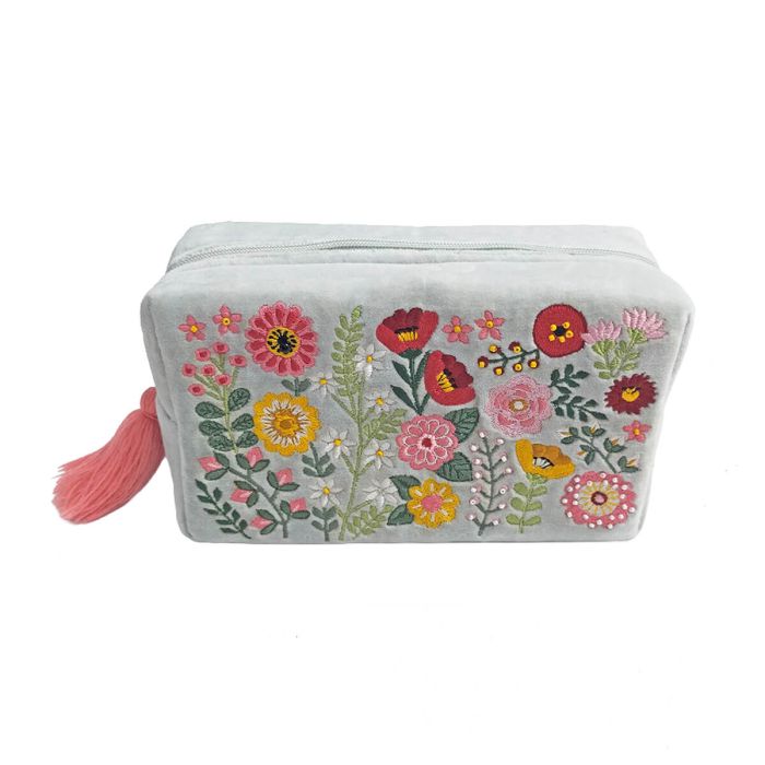 FLORAL LUXE COTTON VELVET EMBROIDERED MAKE UP POUCH