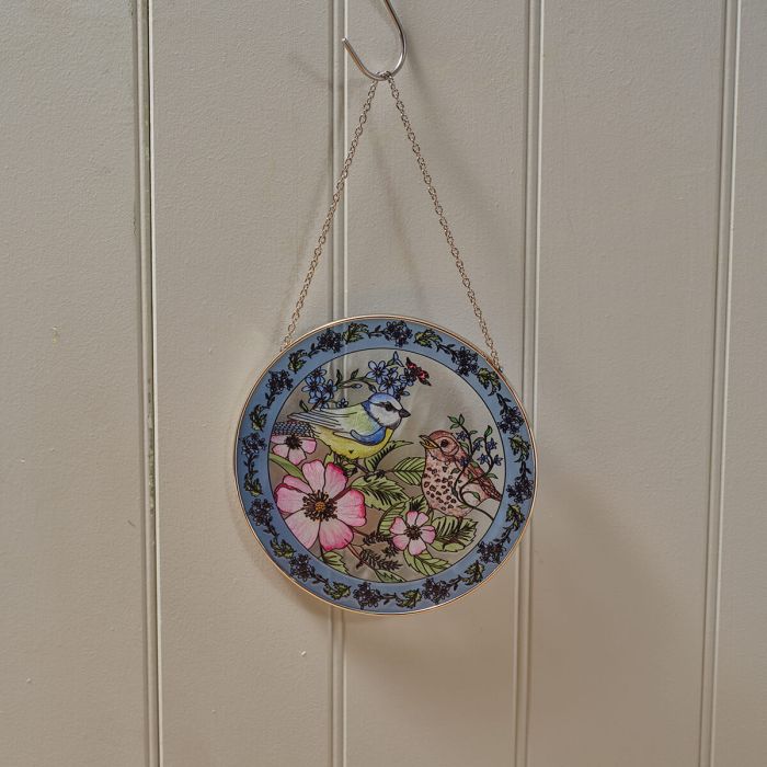 GARDEN BIRDS BLUE TIT AND THRUSH STAINED GLASS HANGER