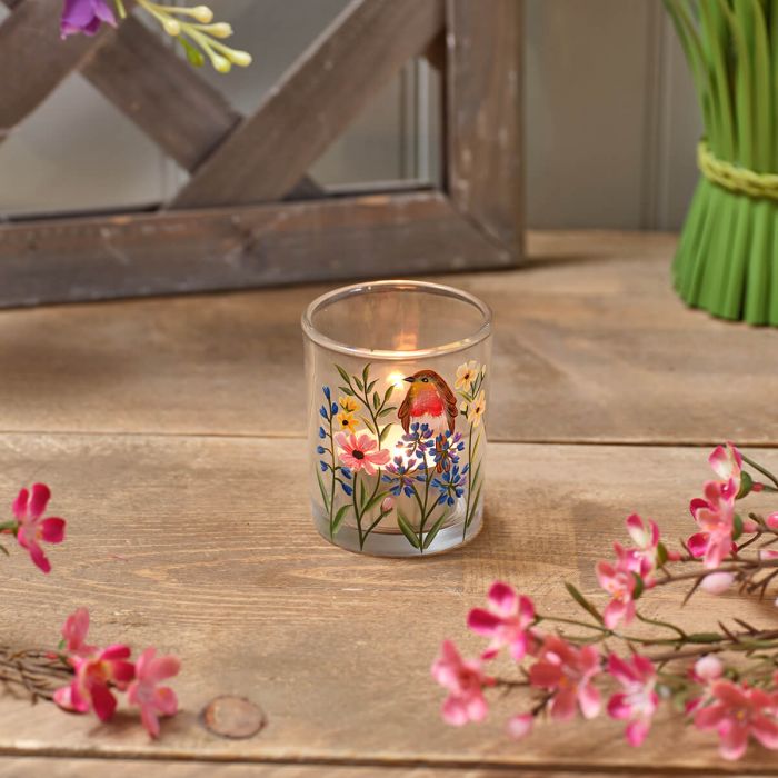 HAND PAINTED ROBIN AND FLOWERS GLASS TEALIGHT HOLDER