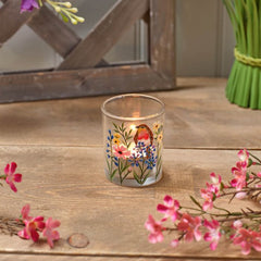 HAND PAINTED ROBIN AND FLOWERS GLASS TEALIGHT HOLDER