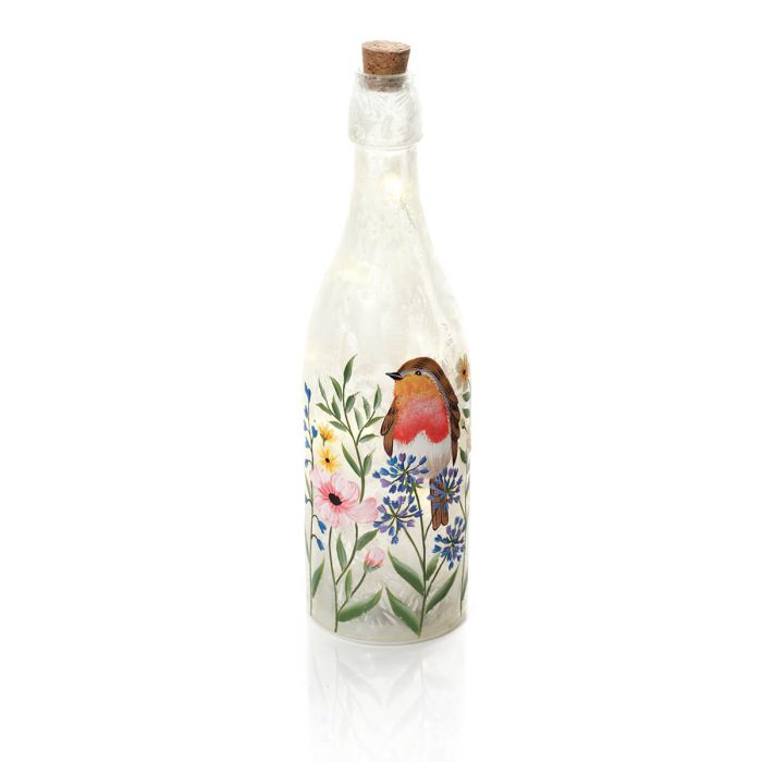 HAND PAINTED ROBIN AND FLOWERS FROSTED LED GLASS BOTTLE