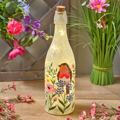 HAND PAINTED ROBIN AND FLOWERS FROSTED LED GLASS BOTTLE