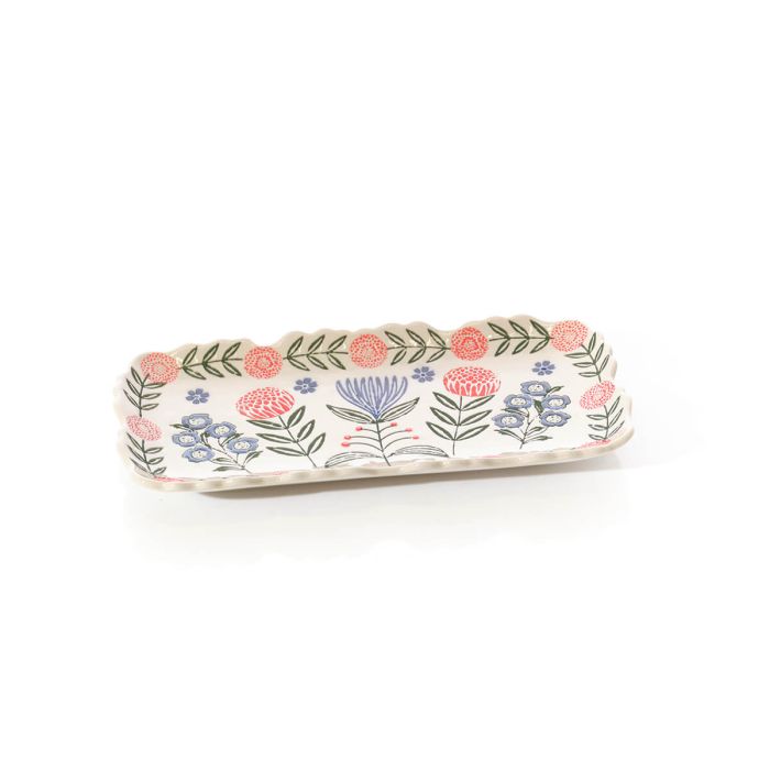 FLOURISH AND FOLIAGE STONEWARE EMBOSSED TRAY WITH SHAPED EDGING