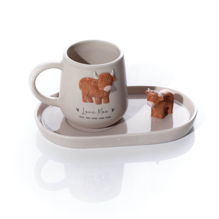 LOVE MOO HIGHLAND COW EMBOSSED CERAMIC MUG AND 3D SAUCER SET