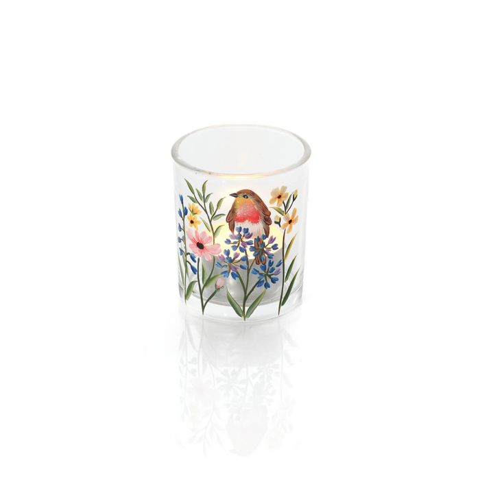HAND PAINTED ROBIN AND FLOWERS GLASS TEALIGHT HOLDER