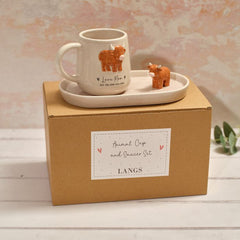 LOVE MOO HIGHLAND COW EMBOSSED CERAMIC MUG AND 3D SAUCER SET